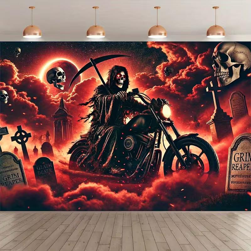 

2D Gothic Red Moon Tapestry, Grim Reaper on Motorcycle in Graveyard 47.2x31.5inch/120*80cm