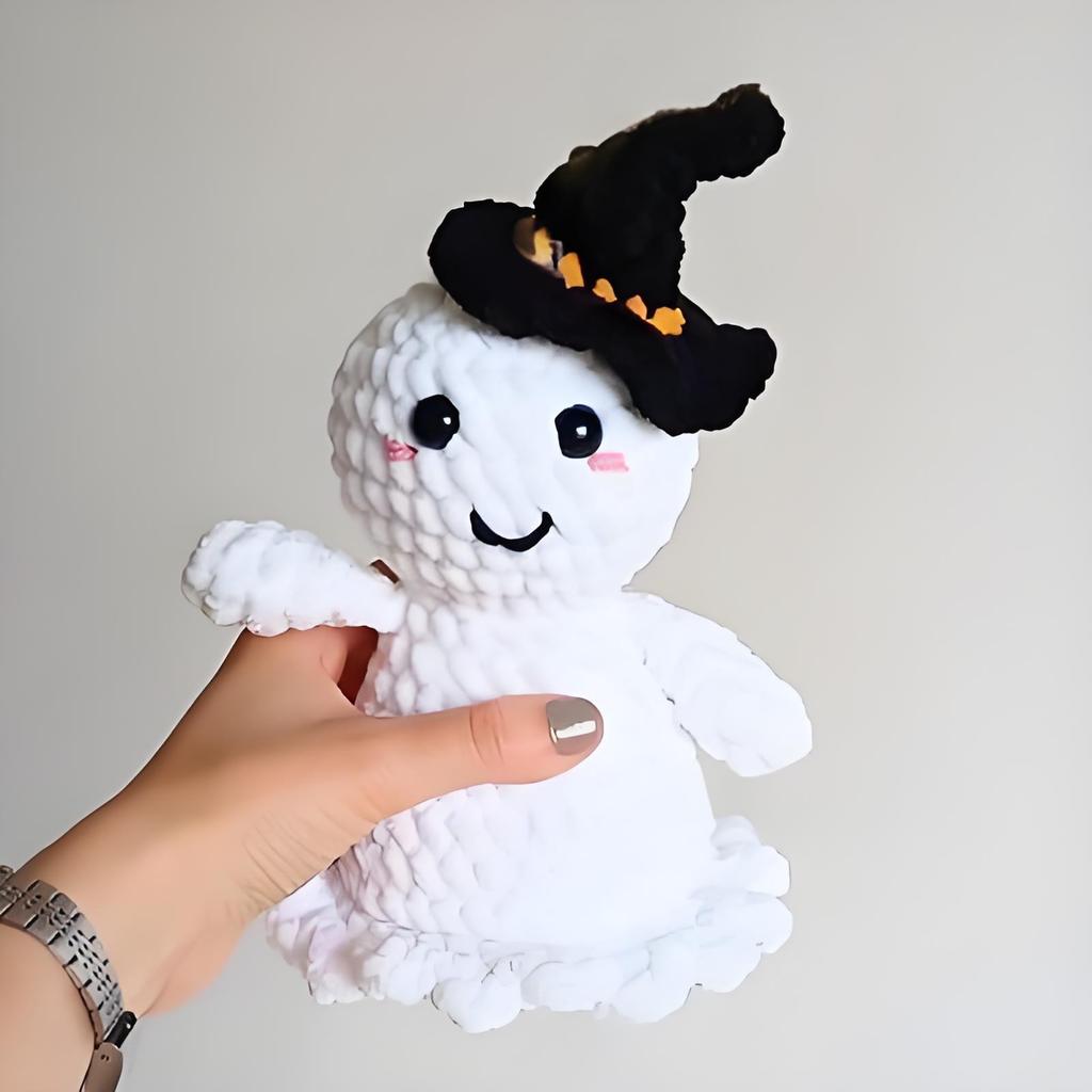 Ghost Plush Toy Witch Hat Handmade Crochet Doll Ornament Decoration Funny Halloween Doll Cute Ghost Desktop Ornament