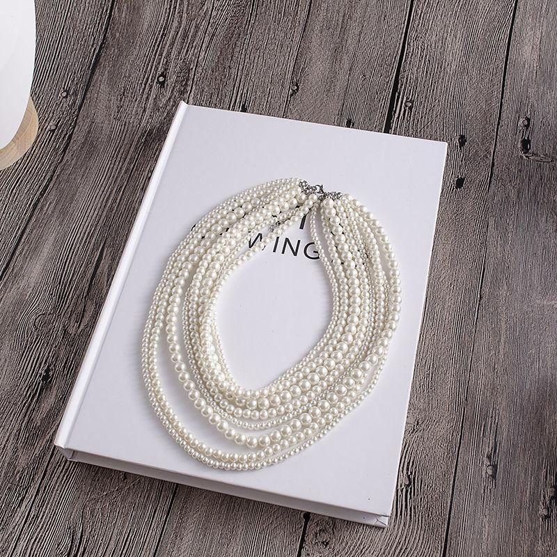 Fashion Exaggerated Eight-layer Imitation Pearl Necklace French Multi-layer Stacked Collarbone Chain Retro Versatile Round Bead Chain Jewelry Women