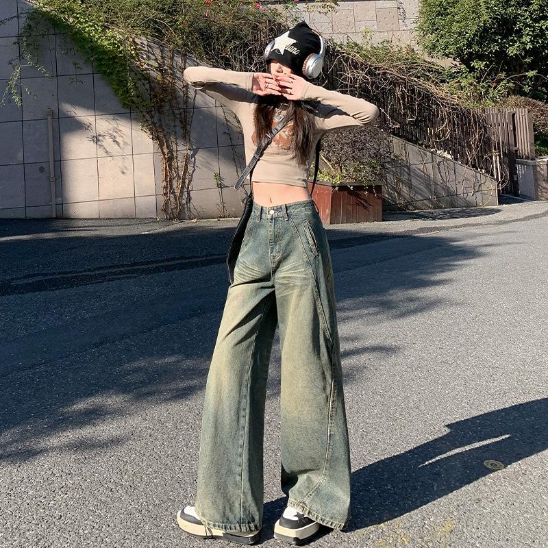 American retro washed old wide-leg jeans women's new high street design loose straight mopping pants