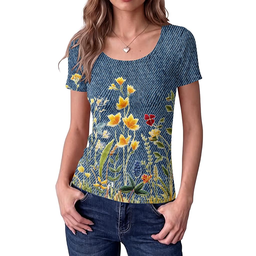 Women's Slim Fit Square Neck Vintage Floral Print Short Sleeve Top Stretchy Casual Blouse for Daily Wear and Outdoor Activities