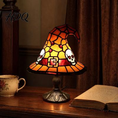 Portable USB Night Light Stained Glass Witch Hat Lamp Handcrafted Retro Resin Powered Gothic Home Decor Lamp Wizard Hats Light Halloween Accent
