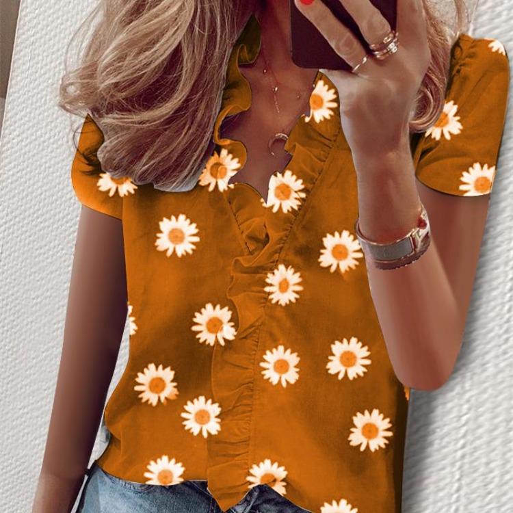 Blouses & Shirts - Summer Flower Print Casual Short Sleeve Blouse Women Fashion Shirt