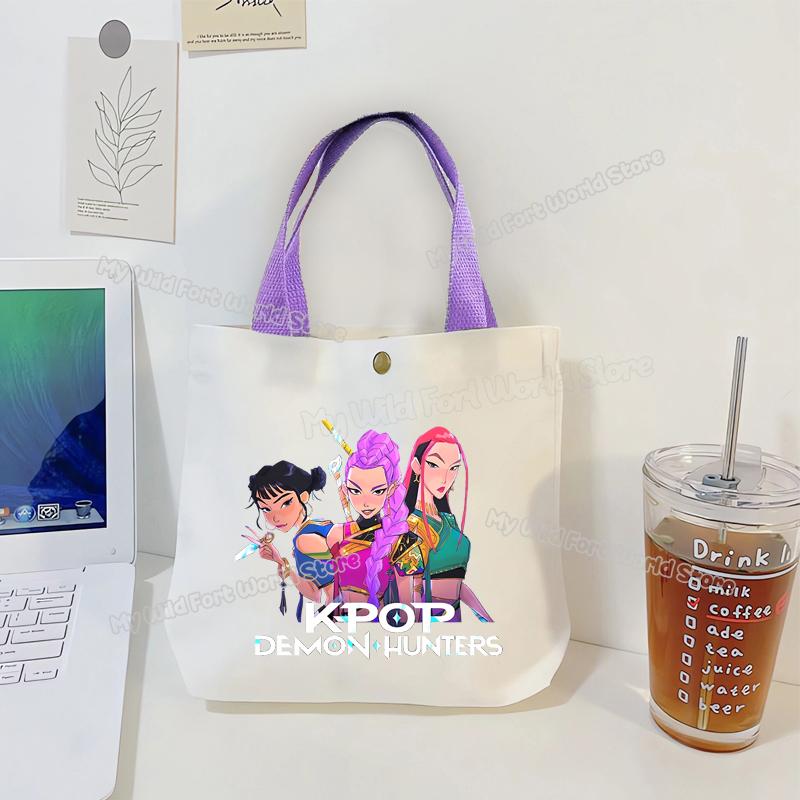 Perfect KPop Demon Hunters Women Canvas Handbag Rumi Mira Zoey Girl Tote Bags Portable Female Phone Pouch Cute Cartoon Shopping Bag
