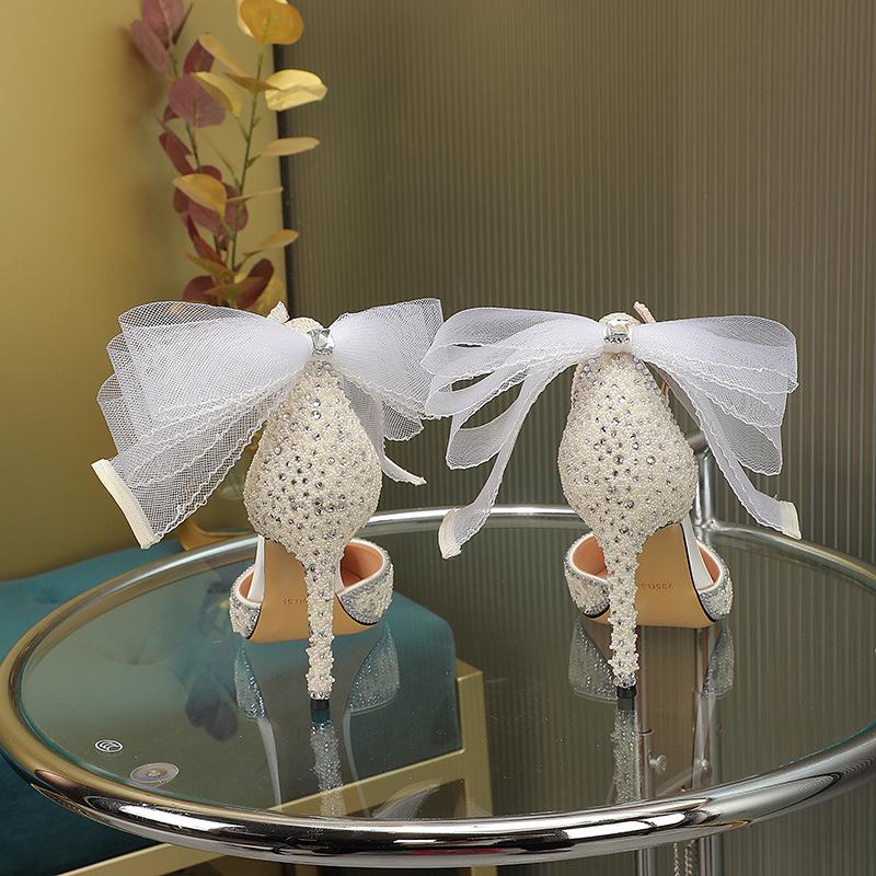 Fashion New Mesh Bowout Pearl Rhinestone Sexy Sandals Women's Buckle Pointed High Heels Banquet Wedding Bride Bridesmaid Single Shoes