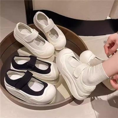 Thick Sole Heightening Versatile Single Shoes Women's Velcro Little White Shoes Ins Versatile Canvas Shoes Big Head Mary Jane Single