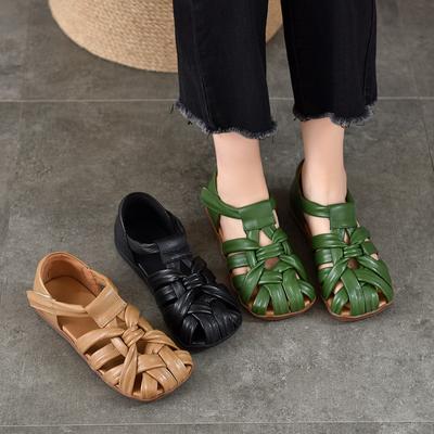 Sandales plates rétro à bout carré pour femmes, chaussures romaines creuses à semelles souples en cuir véritable