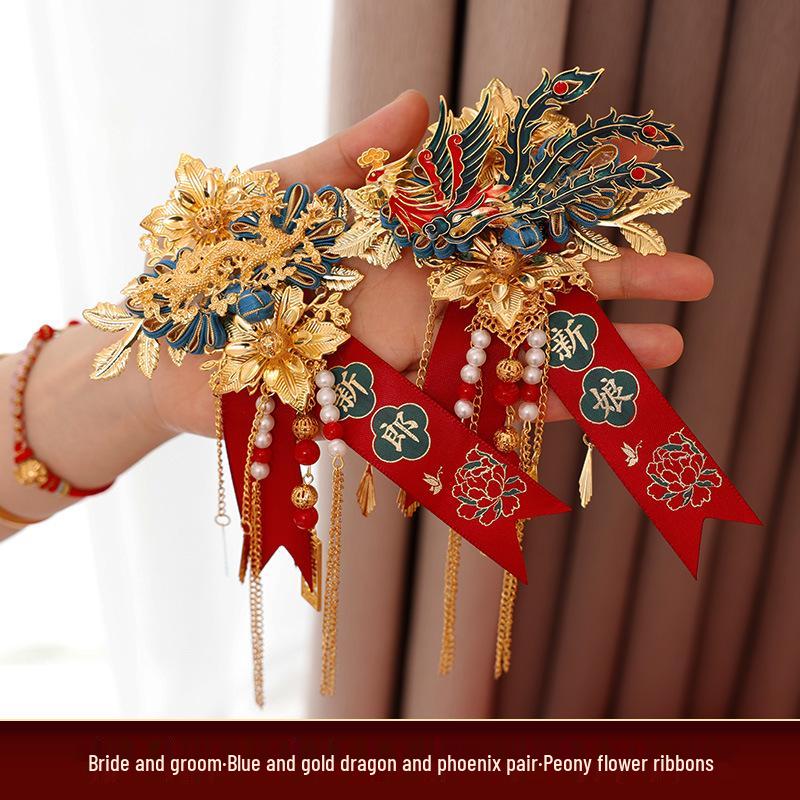 Dragon & Phoenix Wedding Corsage Set: 2 Corsages for Bride, Groom, & Parents