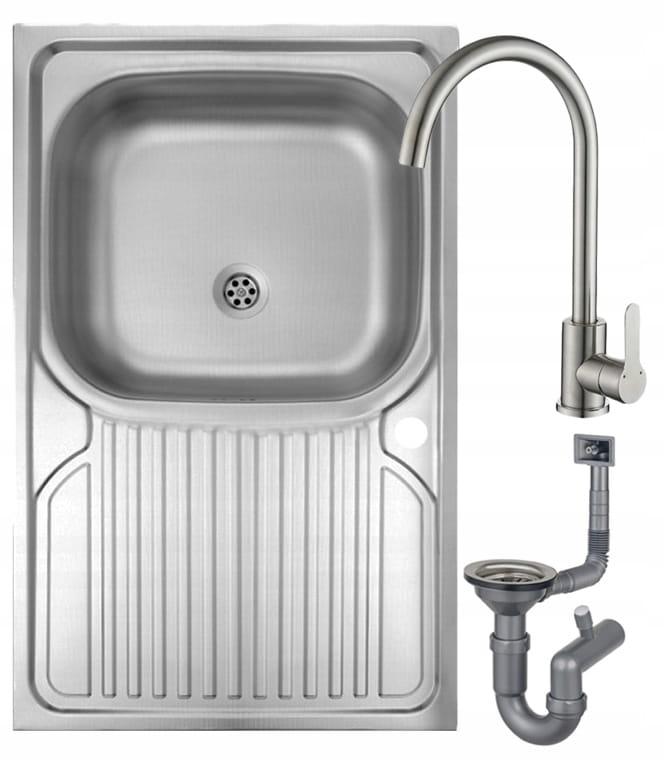 Single-bowl steel sink 80x50 with tap hole and siphon tap