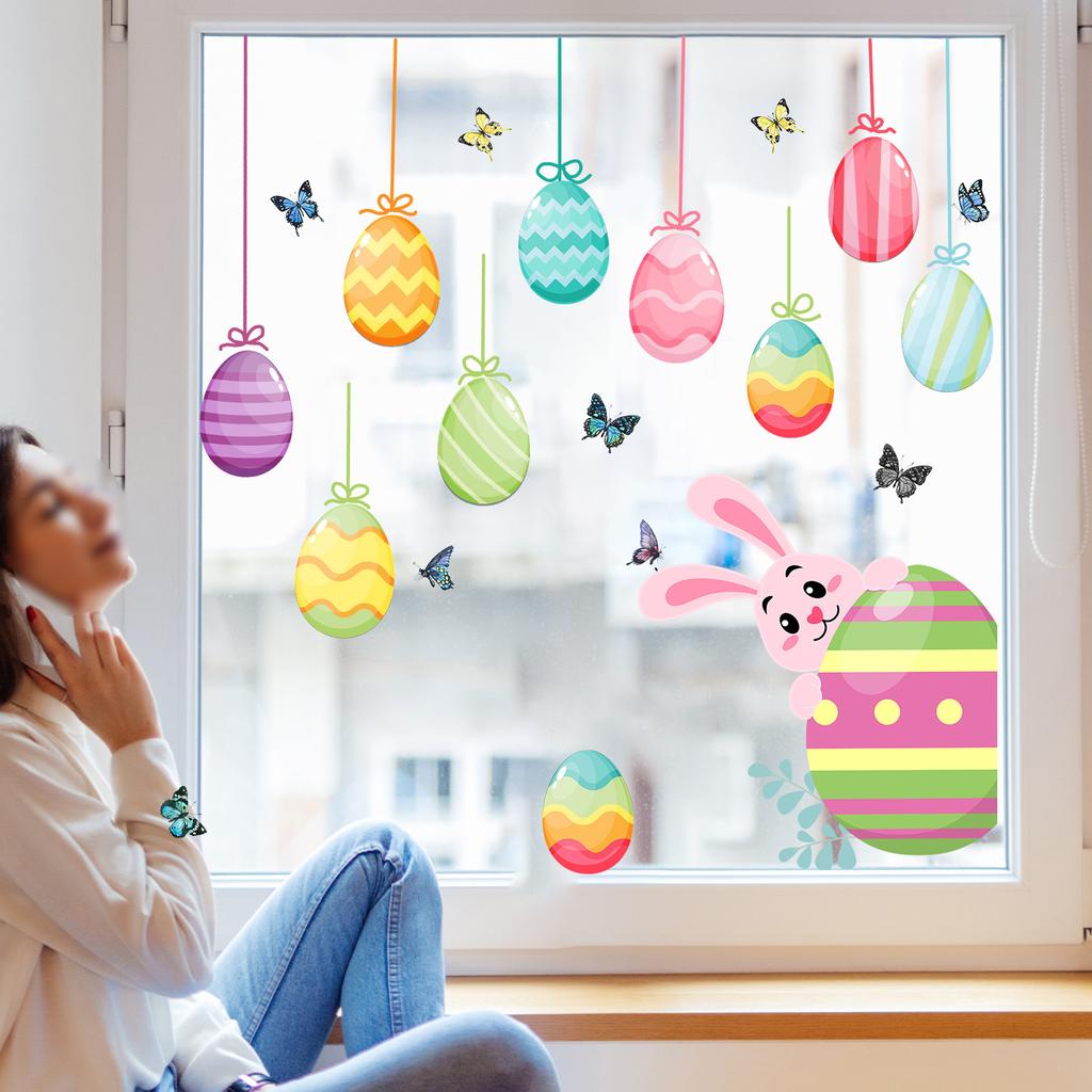 Easter Eggs and Bunny Static Cling Window Stickers Double Sided No Glue for Shop Window Home Decor Removable Reusable