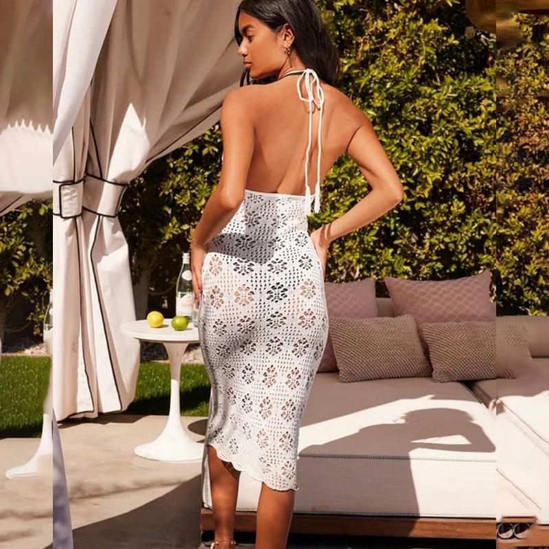 New Seaside Holiday Style Women's Backless Fishtail Knitted Dress Outfit Sexy Beach Skirt