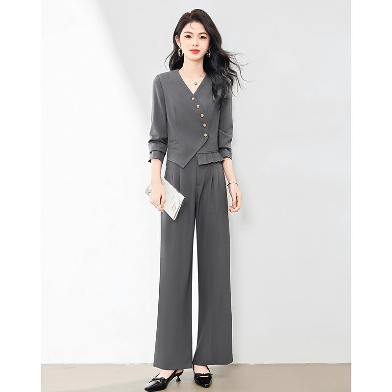 Elegant white-collar commuting ruffled suit+slimming casual pants