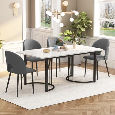 Dining Set,(140×80cm Table with 4 Chairs), Chair With Diamond Pattern, Adjustable Chair Legs, Grey Velvet, MDF Table Top In White, Black Table Legs