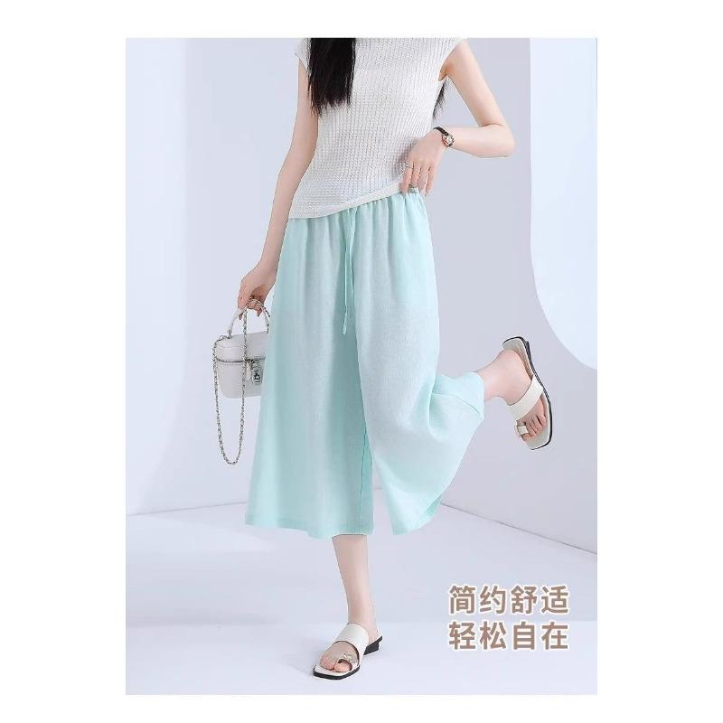 Women's Linen-Blend Wide Leg Pants, Elastic Waist Casual Culottes With Drawstring
