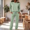 Women's Round Neck Long Sleeve Pajama Set with Drawstring Wide Leg Pants for Sleepwear Loungewear