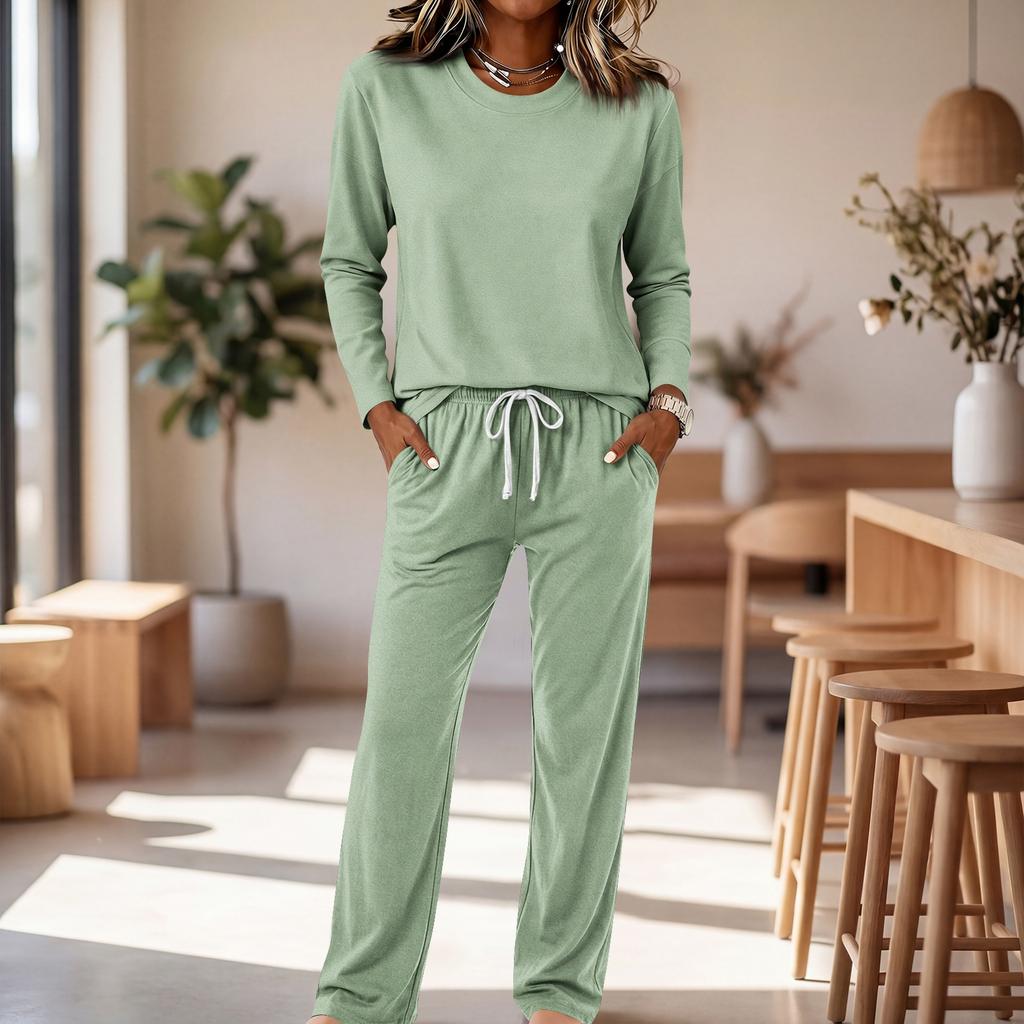 Women's Round Neck Long Sleeve Pajama Set with Drawstring Wide Leg Pants for Sleepwear Loungewear