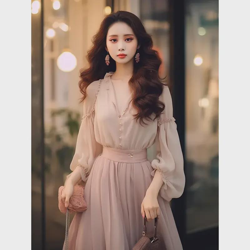 2024 Women's Elegant Lantern Sleeve Chiffon Two-Piece Set: Spring/Autumn Shirt & Skirt