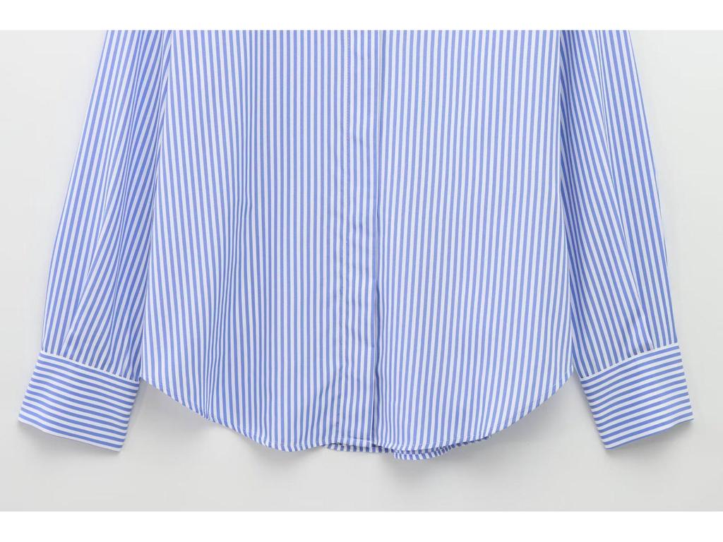 2025 Spring Women's European & American Striped Poplin Long Sleeve Lapel Shirt