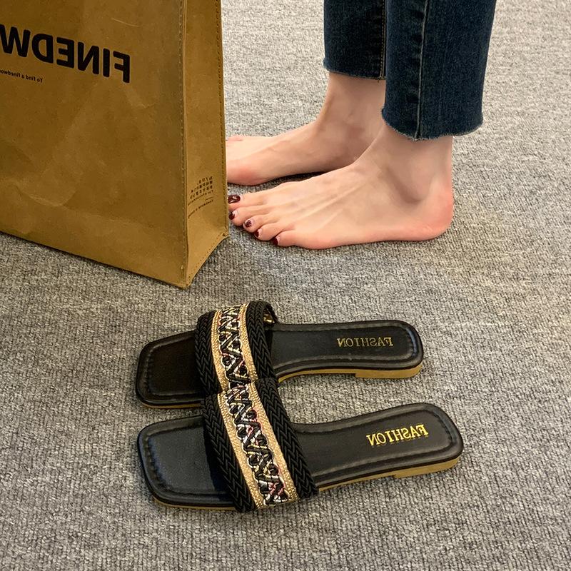 Ethnic Style Fisherman Cool Slippers Women's Summer Wear 41-43 Large Size Straw Woven Sweat-absorbing Flat Bottom Casual One-word Slippers