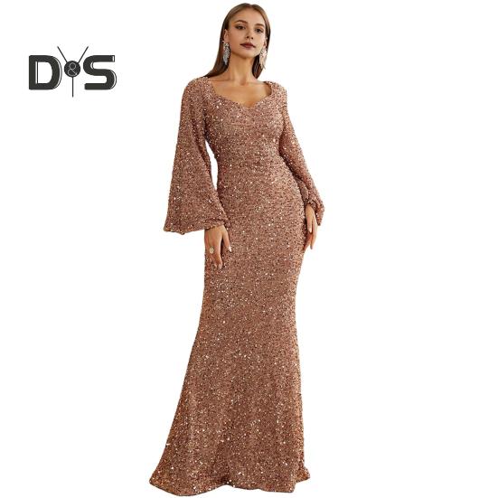 

Женское вечернее платье с рукавами-колокольчиками, пайетками, А-силуэта, облегающего кроя, глубоким вырезом, V-образным вырезом, макси-платье со средней талией и застежкой-молнией сзади, выпускное платье M золотистый