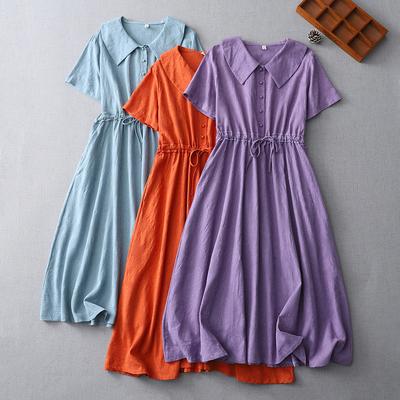 Retro Solid Color Cotton and Linen Dress Women's 2025 Summer New Loose Waist Lapel Short Sleeve Medium and Long Skirt