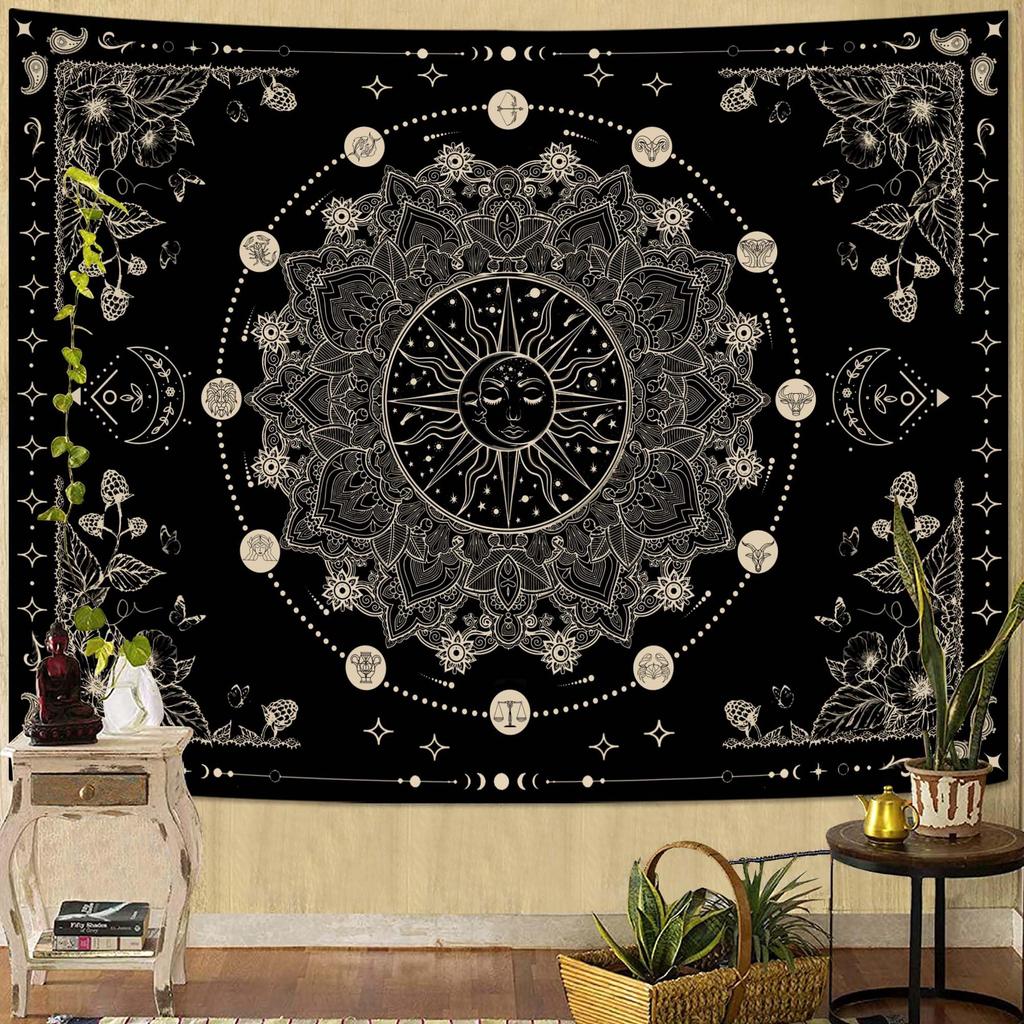 Aesthetic Boho Mandala Tapestry, Vintage Orange Floral Wall Hanging, Ethnic Bohemian Tapestry For Bedroom Living Room Dorm