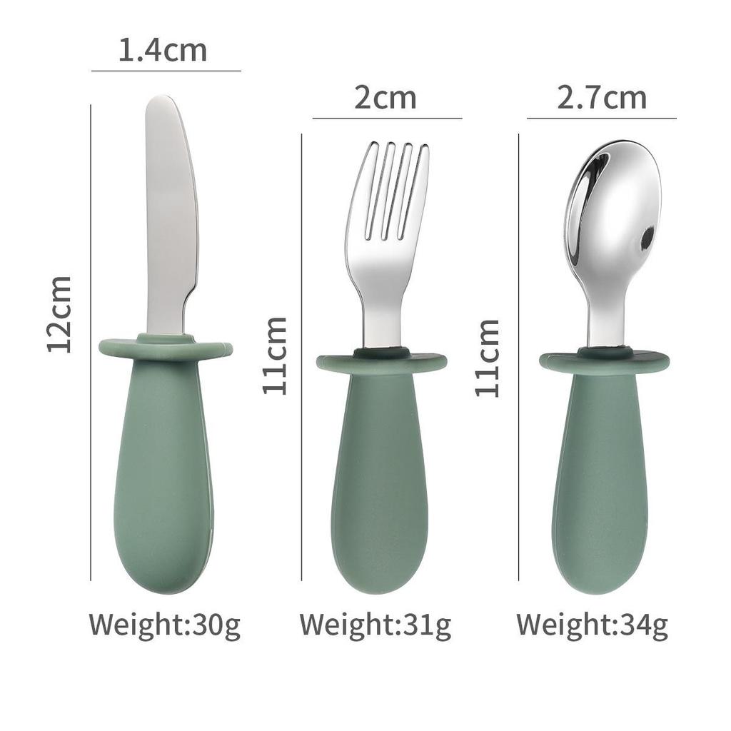 316 Stainless Steel Children's Utensil Set: Knife, Fork, Spoon with Silicone Handle for Infants and Toddlers, Portable Design for Mealtime.