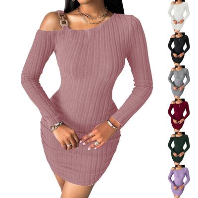 Women's Solid Color Off-the-shoulder Slant Collar Design Sense Bodycon Dress, Stylish, Slim, Sexy Long-sleeved Dress
