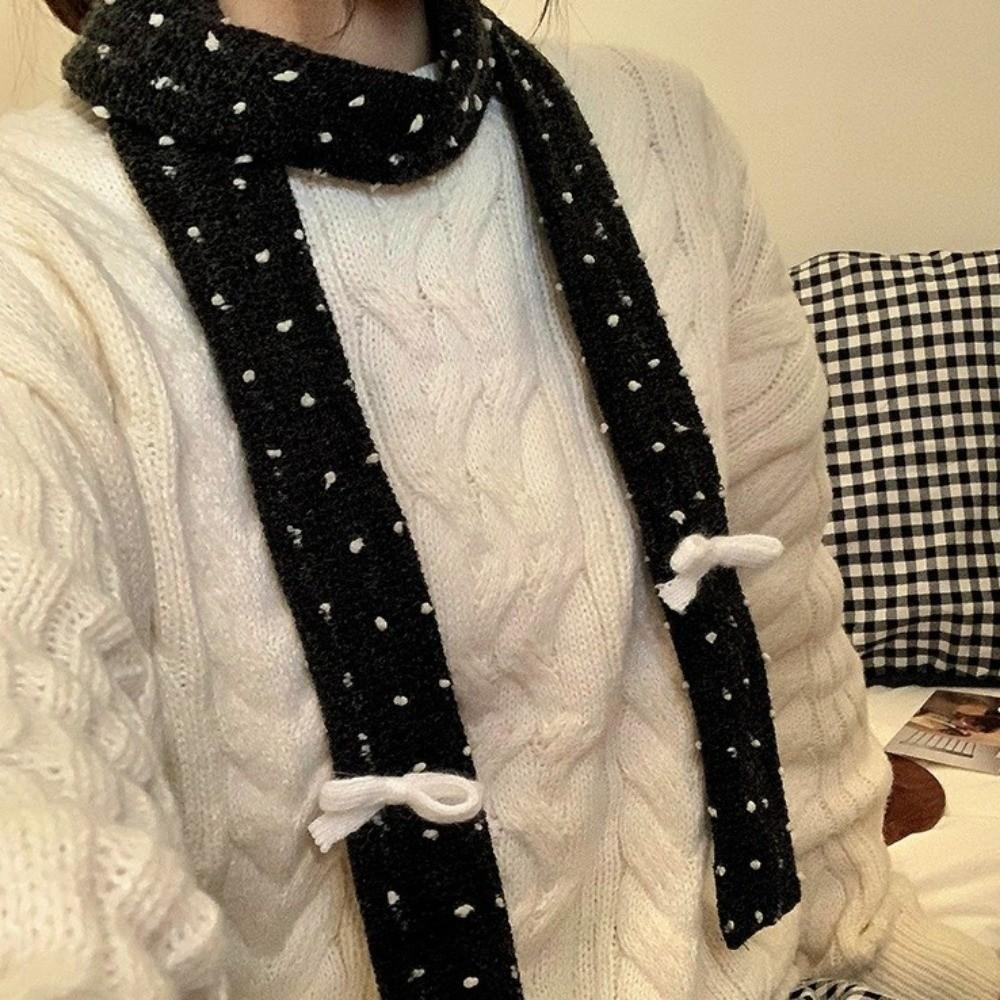 Polka Dot Bow Wool Shawl Y2K Long Narrow Scarves All-match Knitted Scarf  Streetwear