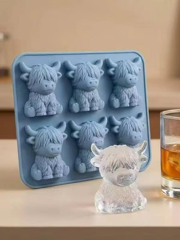 3D Highland Cow Ice Silicone Mold With 6 Compartments For Diy Beef Ice Cubes Is Suitable For Home Kitchens, Bars And As A Tool