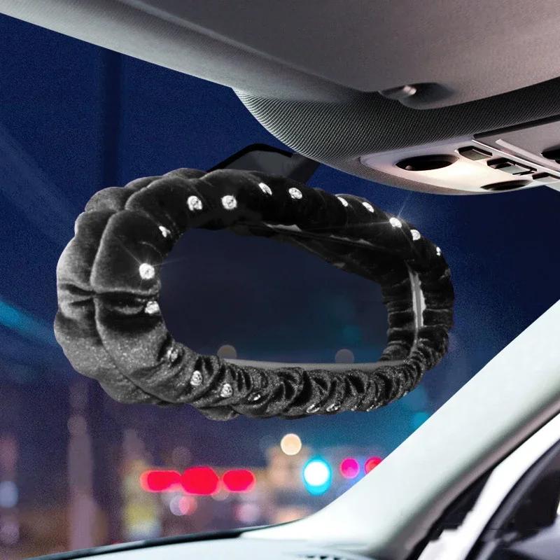 Schwarzer Diamant Plüsch Auto Schalthebel Handbremse Rückspiegel Armlehnenbezug Schulterpolster Deko Set Autozubehör Set für Frau