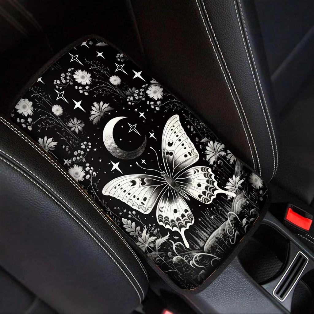 Dreaweet Stylish Spider Web Printed Black Car Center Console Armrest Cushion Cover Pad Soft Car Armrest Seat Box Cover Protector Auto Car Interior