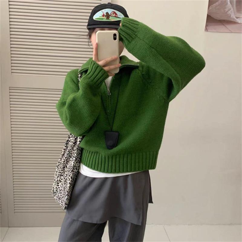 Lapel Half-zipper Short Pullover Sweater Women's Autumn and Winter New Thick Shoulder-plugged Long-sleeved Solid-color Casual Knitted Top
