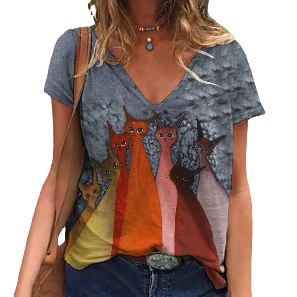 Summer Cat 3D Printed V-neck Short Sleeved  Women's T-shirts