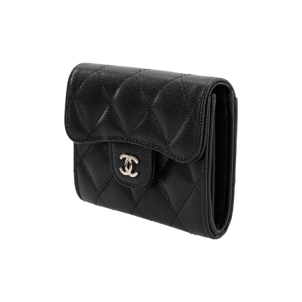 CHANEL Women's Card Holder and Wallet  Black  with Gold Buckle  Classic Diamond Pattern  Short  Double-Layer Flap  Grainy Calfskin