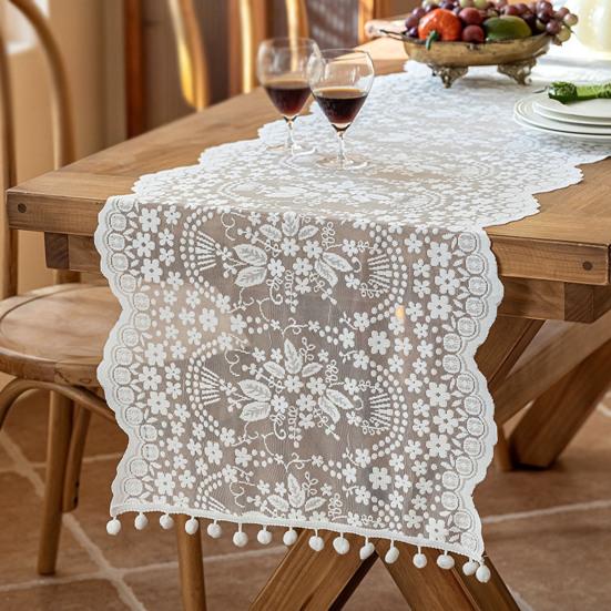 French Lace Table Runner Hollow Tassel Fringe Placemat Elegant Decorative Tablecloth Romantic Wedding Party Dining Table Dresser Buffet Decor
