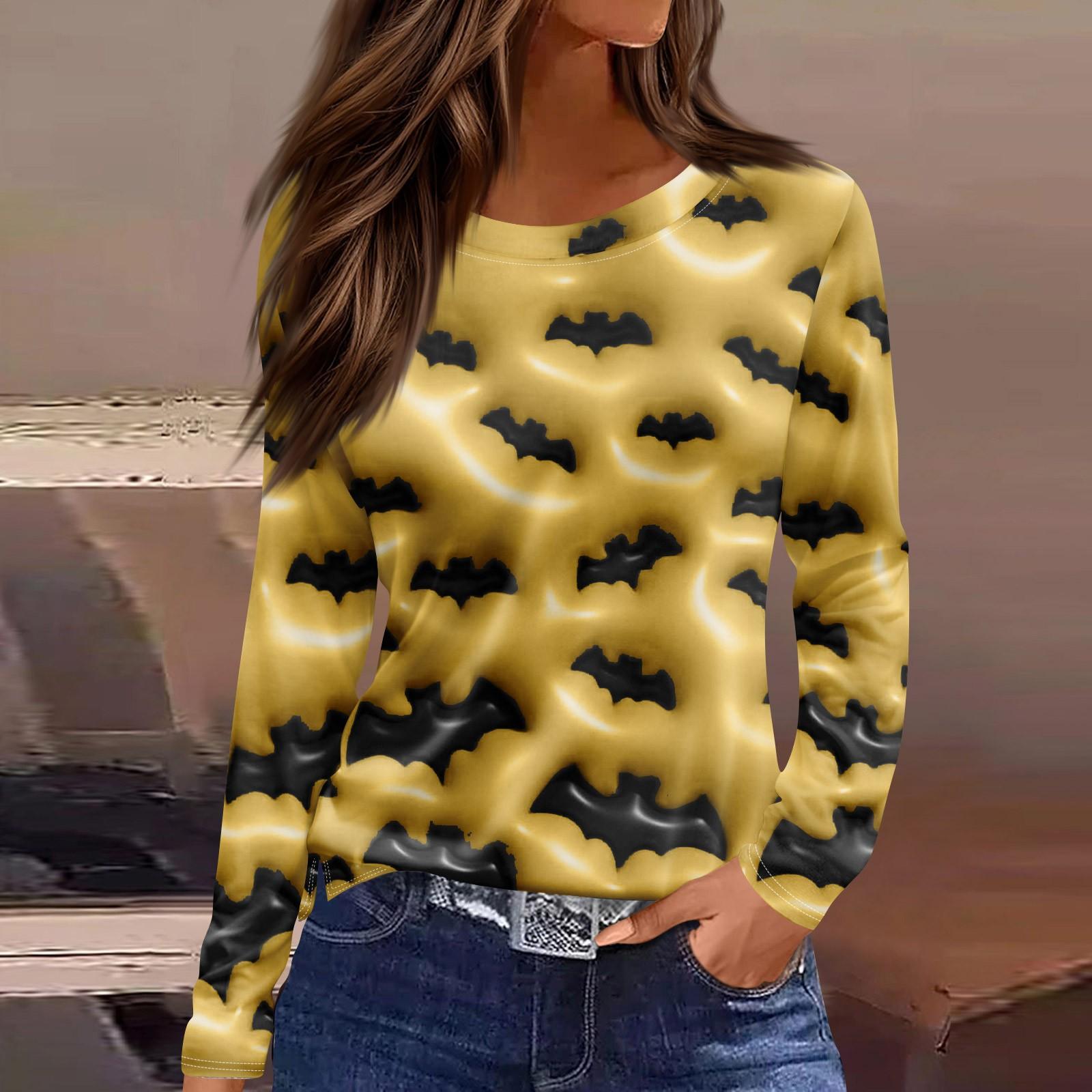 

Женская модная повседневная футболка с разрезом по подолу, принтом на Хэллоуин, круглым вырезом и длинным рукавом XL жёлтый