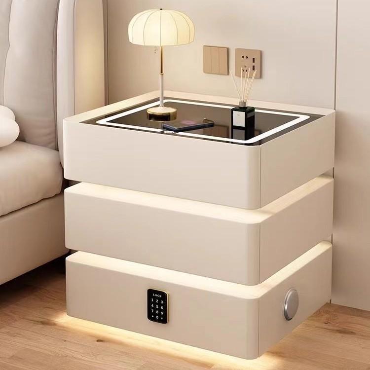 Solid Wood Floating Bedside Table with Wireless Charging & Three Drawers — Modern Light Luxury Bedroom Cabinet