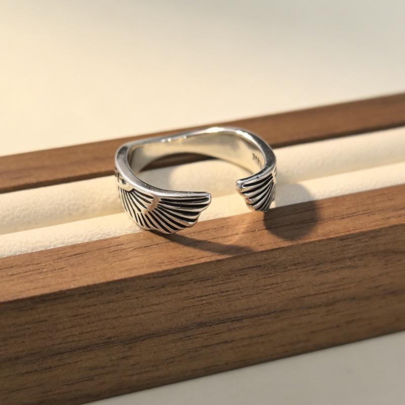 BF CLUB 925 Sterling Rings for Women Simple Geometric Handmade Irregular Retro Wing Shape Ring Allergy For Birthday Gift