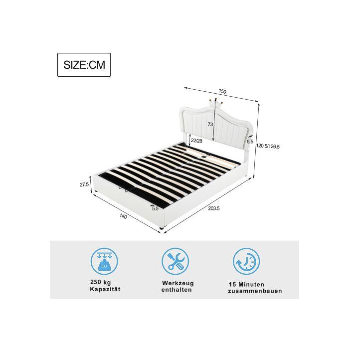 Lit d'enfant - MUVOE - 140 x 200 cm - Similicuir blanc - Rangement hydraulique - LED multicolore