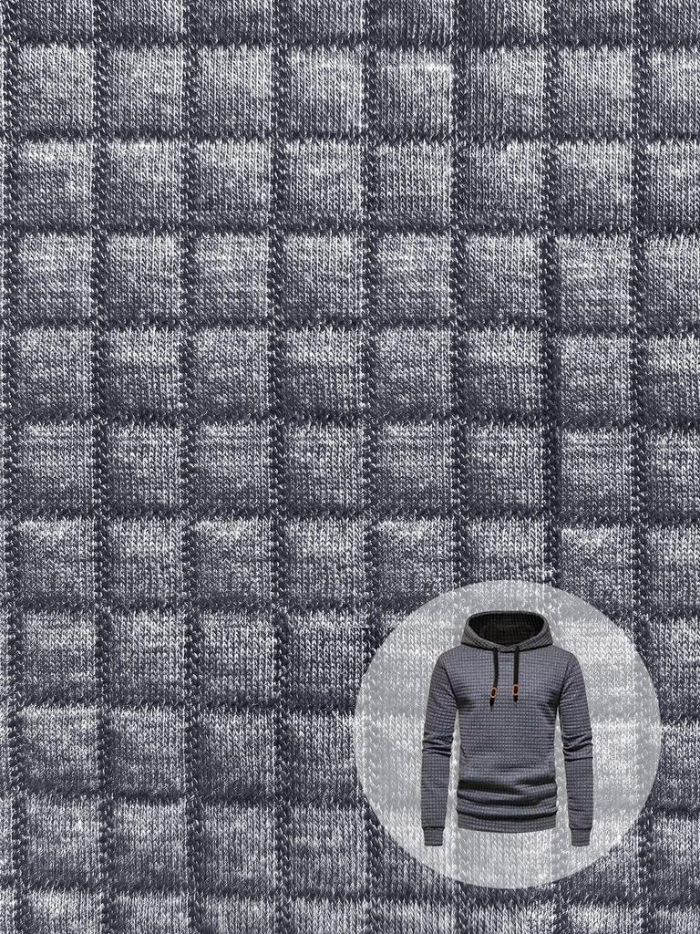 European Long Sleeve Hooded Men's Hoodie with Drawstring Jacquard Checkered Patchwork.