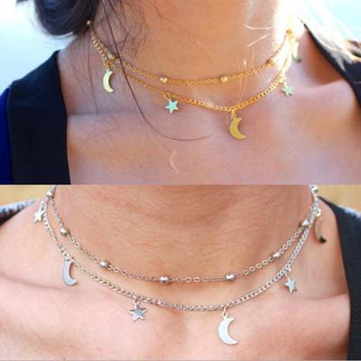Simple Double-Layer Moon & Star Necklace with Round Beads