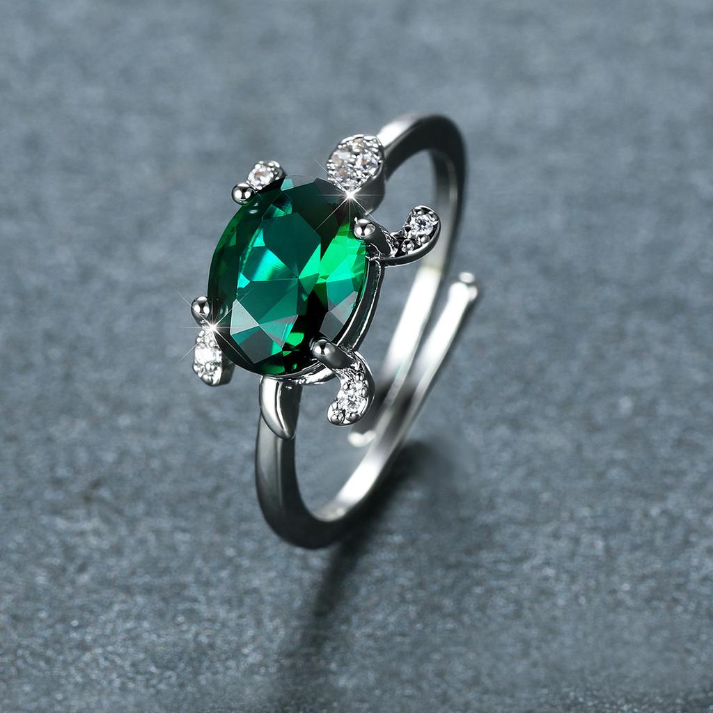 Personalized Oval Blue Green White Turtle Mouth Versatile Womens Ring with Micro Inlaid Zircon Decoration