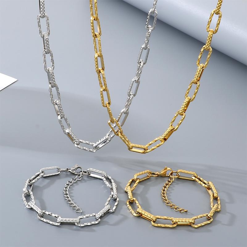 KALEN Gold Color Textured Paperclip Stainless Steel Bracelet for Men Hip Hop Necklace Women‘s Sets Waterproof Jewelry Gift