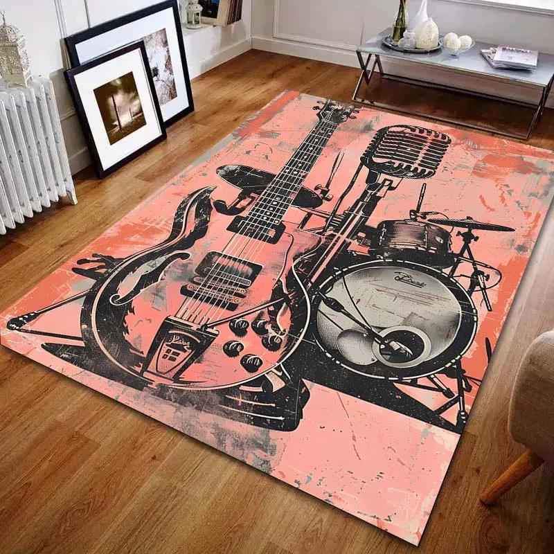 Guitar Microphone Drum Kit Print Carpet Rugs for Bedroom Living Room Sofa, Study Yoga Non-Slip Rug, Multi-Size Next Day Shipping