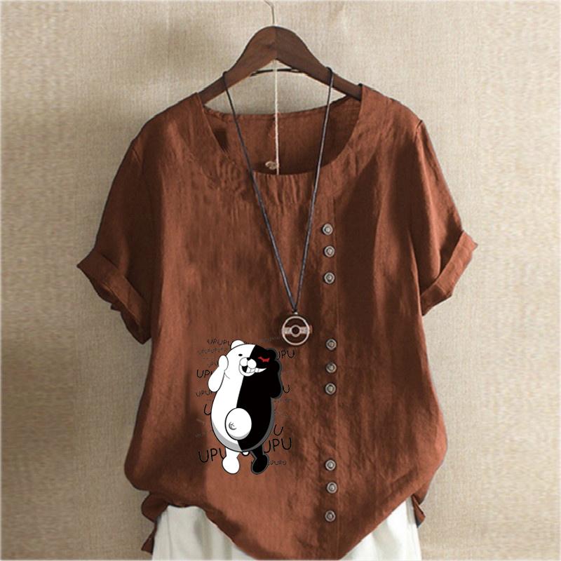 Women's Fashion Round Neck Short Sleeve T-shirt Casual Cotton Linen Graphic Shirt Leisure Loose Black and White Bear Prined Summer Blouse Tops