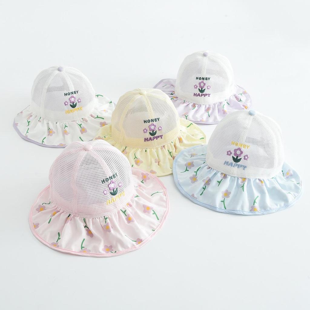 Kids' Embroidered Floral Mesh Bucket Hat - Breathable Outdoor Sun Hat for Students
