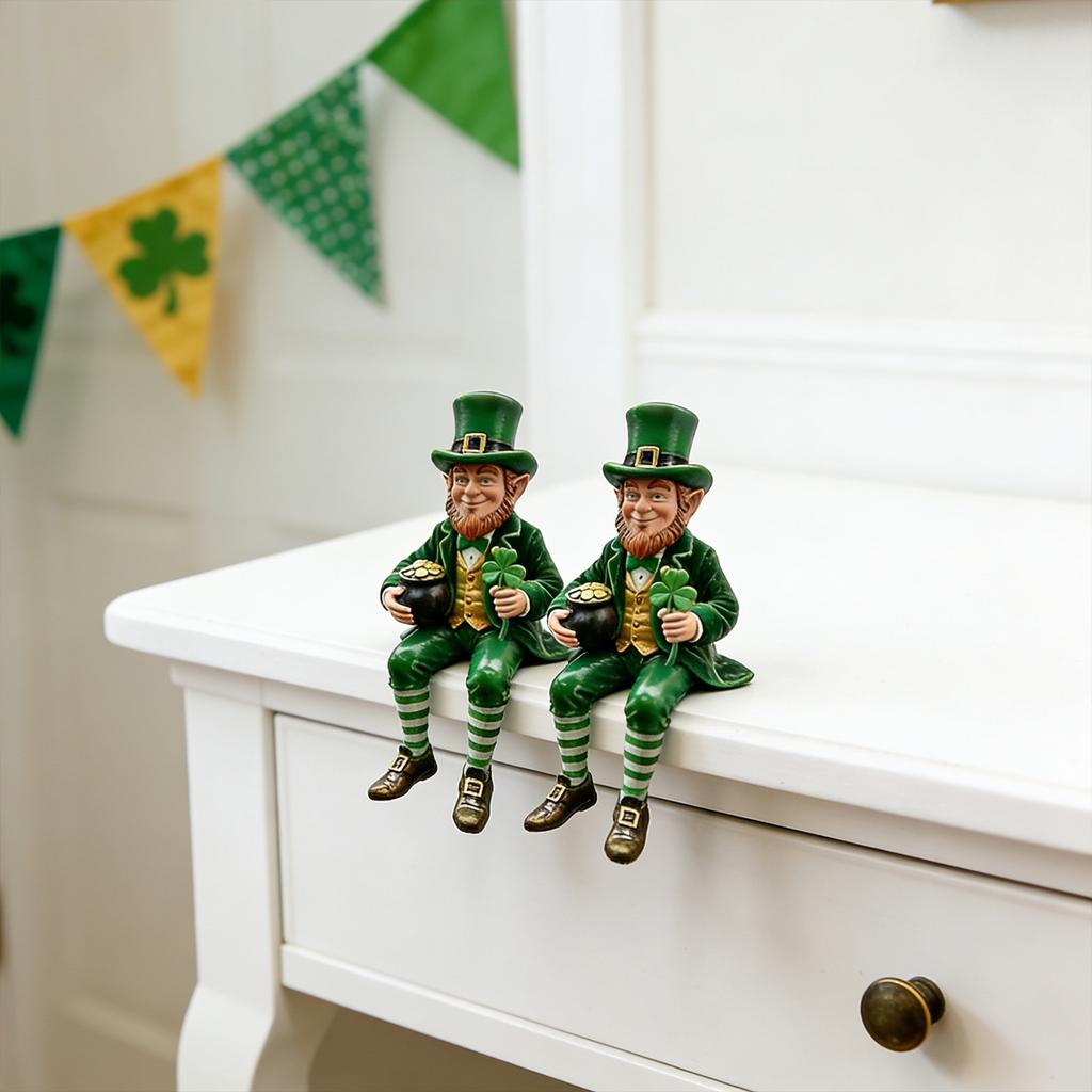 Resin Sitting Leprechaun Figurine with Pot of and Shamrock Hat Irish Folklore Character Statue Ornament