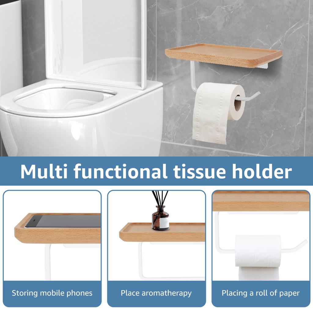 Toilet Paper Holder with Wood Shelf Wall Mount Tissue Paper Roll Holder Minimalist Toilet Paper Holder Rack Toilet Paper Roll