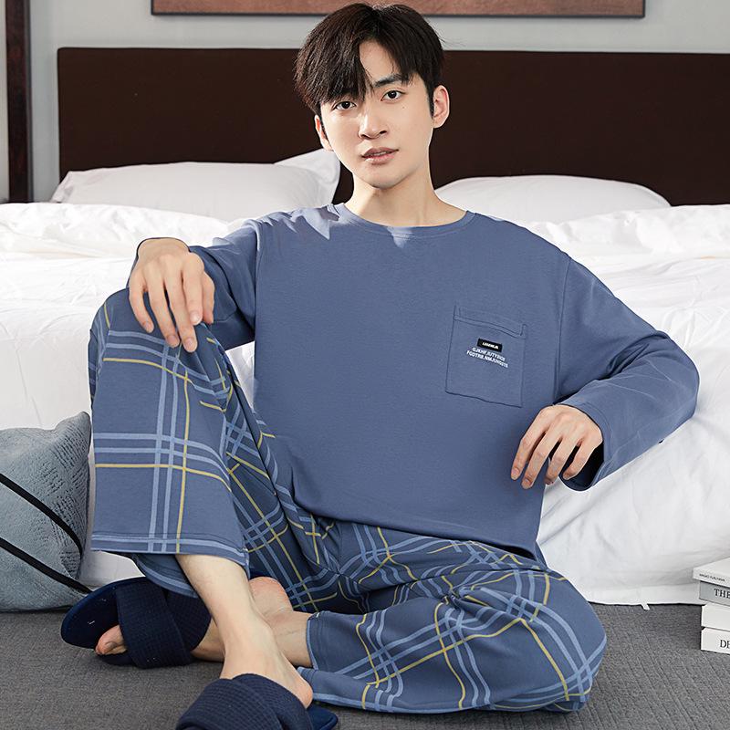 Pijama de manga larga 100 % algodón para hombre: informal, cuello redondo, ideal para usar en exteriores, perfecto para primavera y otoño.